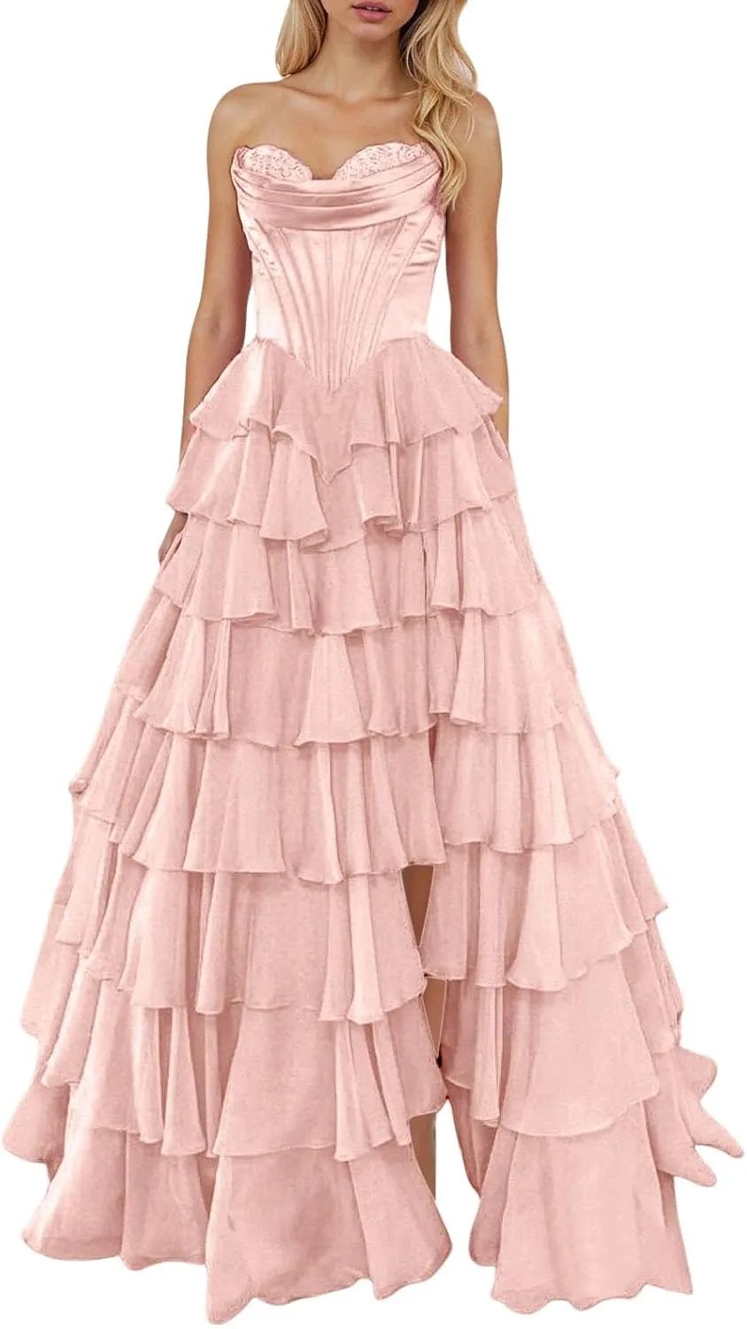 Chiffon Corset Prom Dresses for Women Floor Length Satin Tiered Ruffle Strapless Formal Dress Evening Gowns with Slit