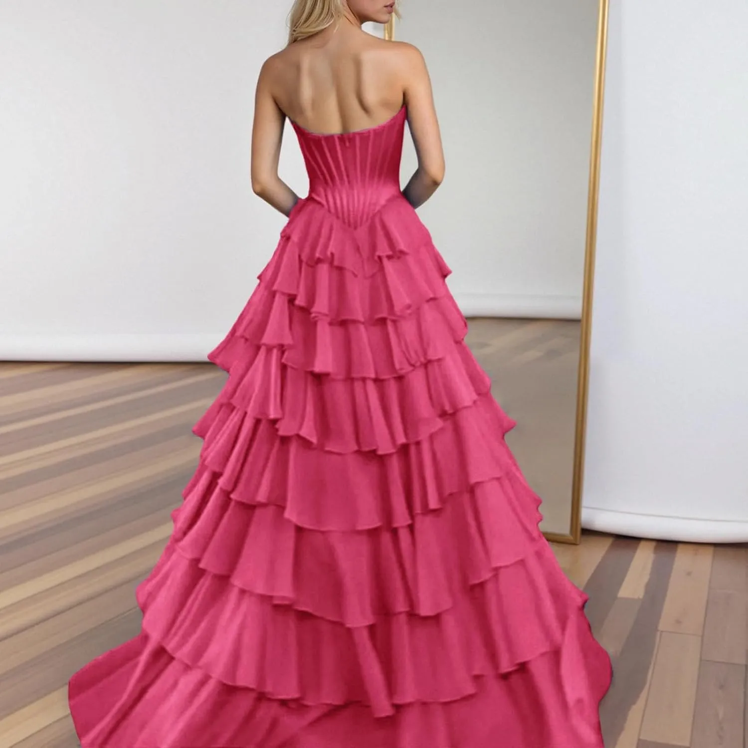 Chiffon Corset Prom Dresses for Women Floor Length Satin Tiered Ruffle Strapless Formal Dress Evening Gowns with Slit