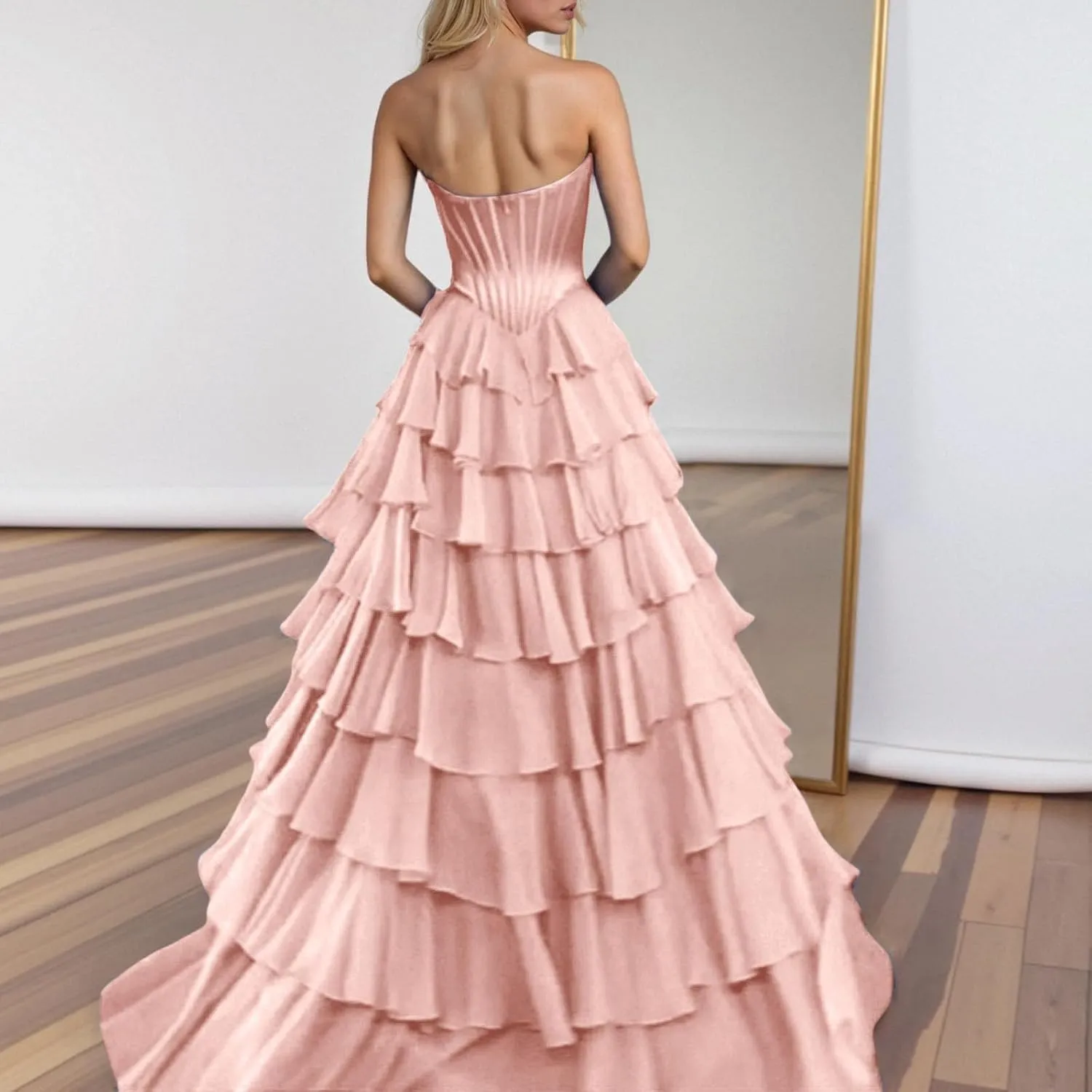 Chiffon Corset Prom Dresses for Women Floor Length Satin Tiered Ruffle Strapless Formal Dress Evening Gowns with Slit