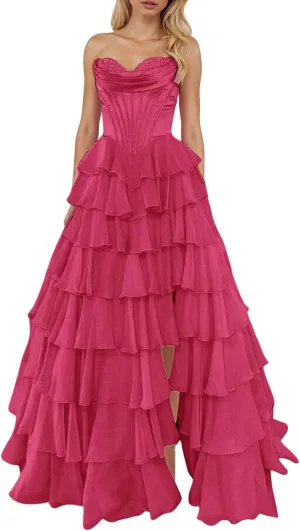 Chiffon Corset Prom Dresses for Women Floor Length Satin Tiered Ruffle Strapless Formal Dress Evening Gowns with Slit