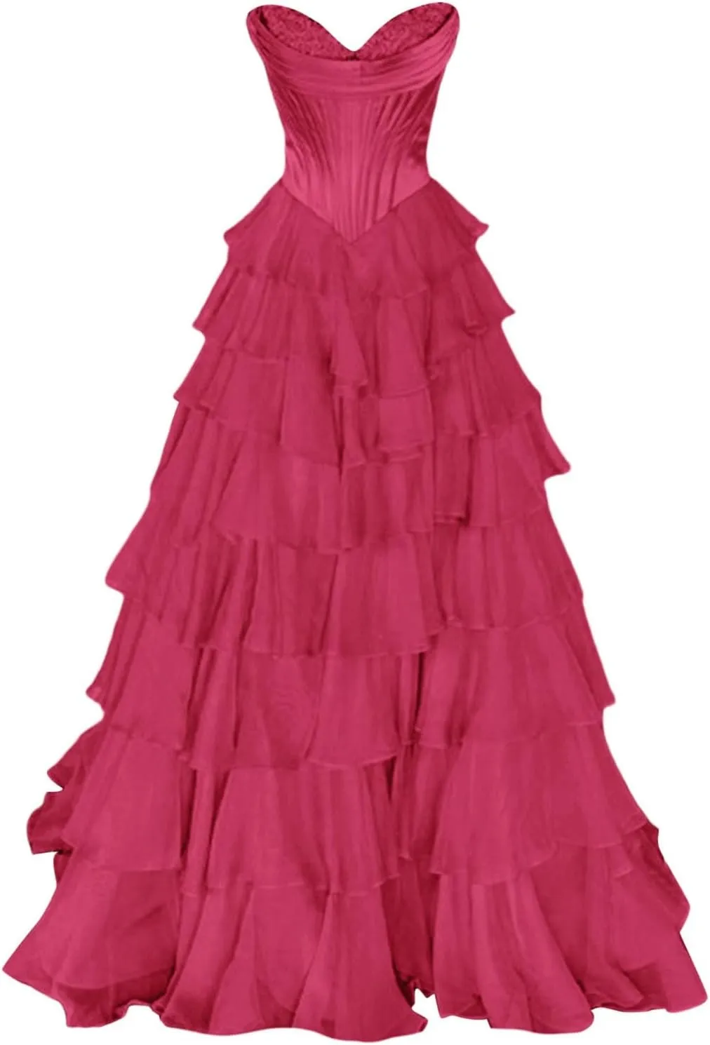 Chiffon Corset Prom Dresses for Women Floor Length Satin Tiered Ruffle Strapless Formal Dress Evening Gowns with Slit