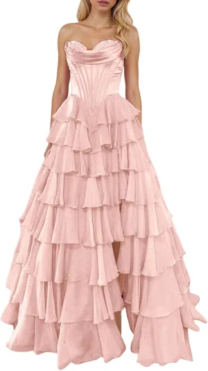 Chiffon Corset Prom Dresses for Women Floor Length Satin Tiered Ruffle Strapless Formal Dress Evening Gowns with Slit