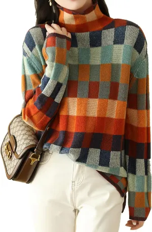 CORIRESHA Women's Multicolor Checkered Turtleneck Long Sleeves Knit Casual Cozy Lazy Color Block Sweater