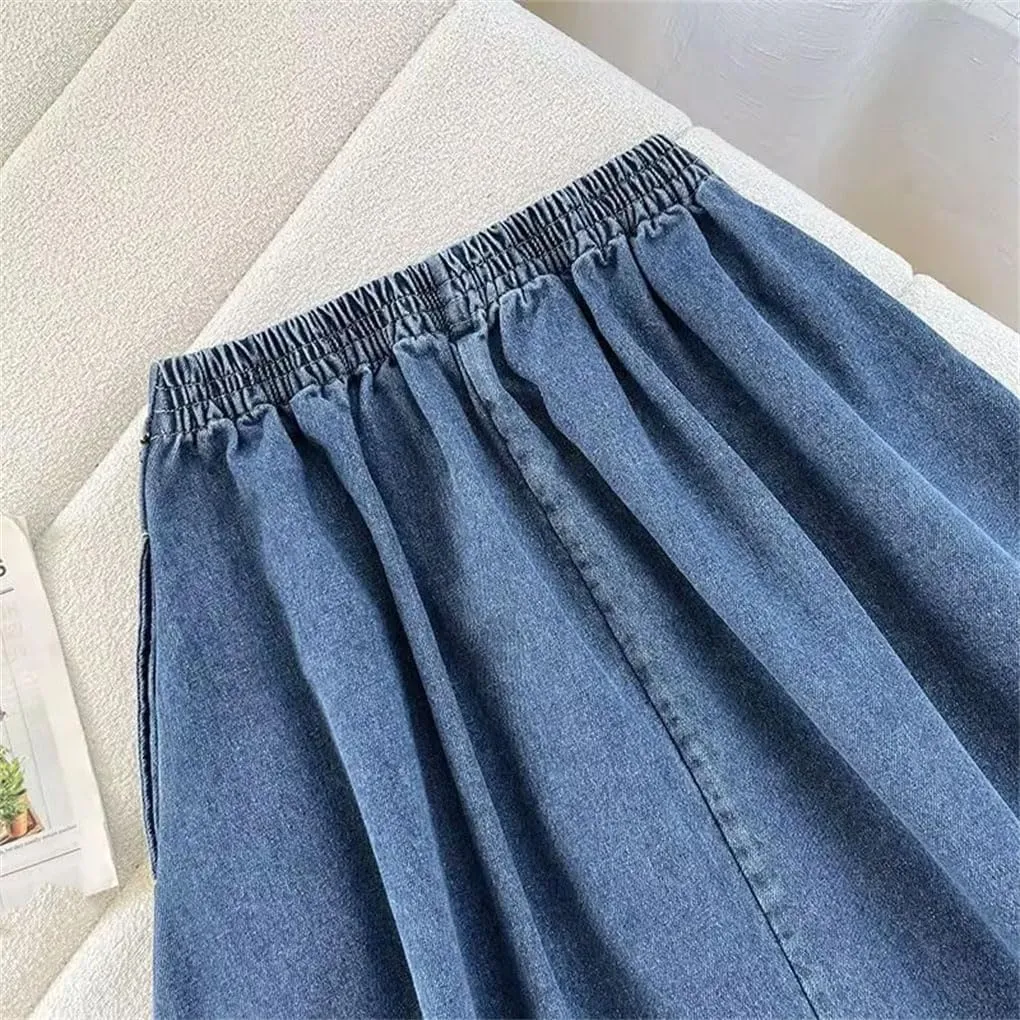 DBFBDTU Women's Side Pocket Decoration Skirts Loose Casual Pleated Denim Midi Skirt High Waist Stretch