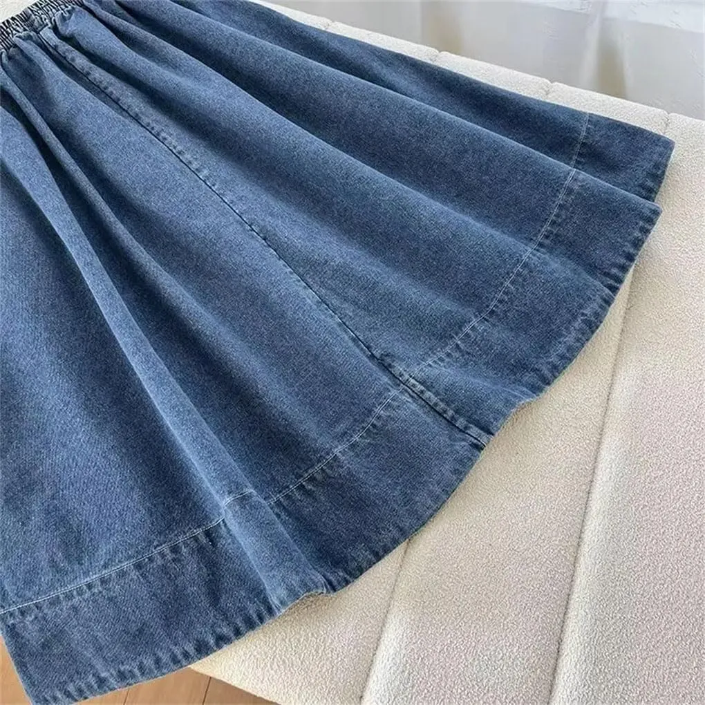 DBFBDTU Women's Side Pocket Decoration Skirts Loose Casual Pleated Denim Midi Skirt High Waist Stretch