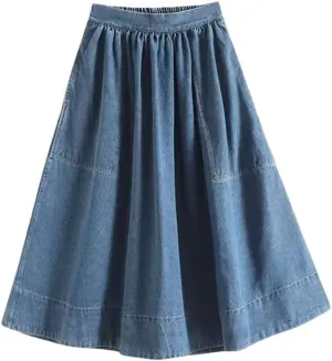 DBFBDTU Women's Side Pocket Decoration Skirts Loose Casual Pleated Denim Midi Skirt High Waist Stretch