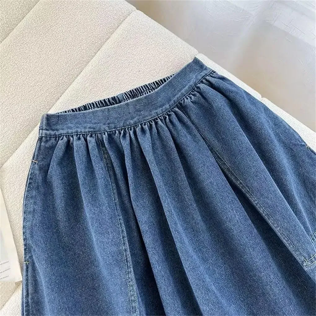 DBFBDTU Women's Side Pocket Decoration Skirts Loose Casual Pleated Denim Midi Skirt High Waist Stretch