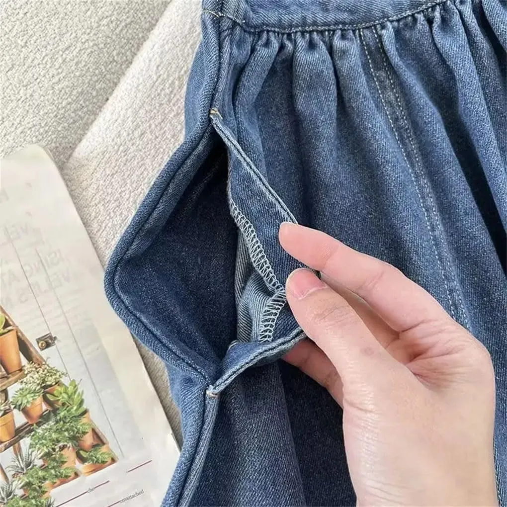 DBFBDTU Women's Side Pocket Decoration Skirts Loose Casual Pleated Denim Midi Skirt High Waist Stretch