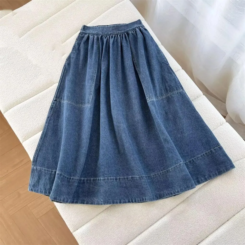 DBFBDTU Women's Side Pocket Decoration Skirts Loose Casual Pleated Denim Midi Skirt High Waist Stretch