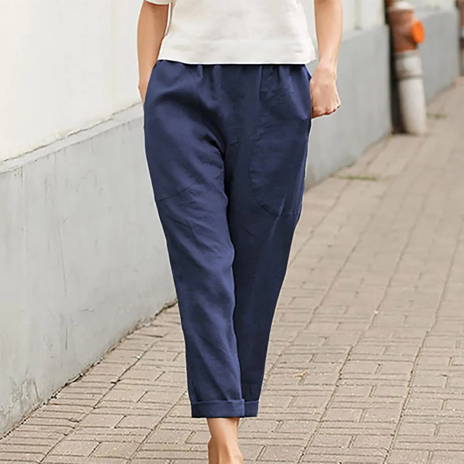 DDAPJ pyju Womens Linen Pants with Big Pockets, Elastic High Waist Straight Leg Pants Plus Size Lounge Trousers for Women