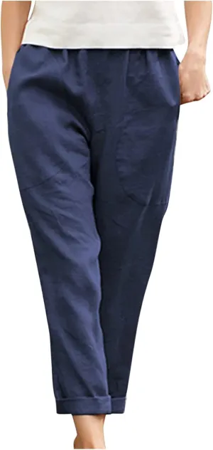 DDAPJ pyju Womens Linen Pants with Big Pockets, Elastic High Waist Straight Leg Pants Plus Size Lounge Trousers for Women