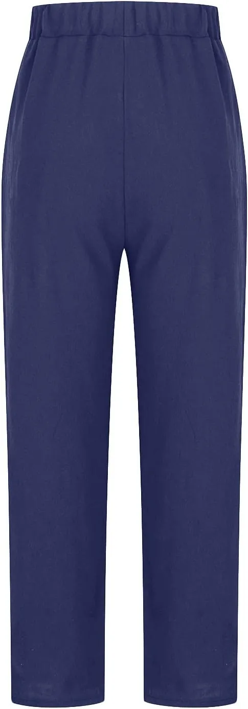 DDAPJ pyju Womens Linen Pants with Big Pockets, Elastic High Waist Straight Leg Pants Plus Size Lounge Trousers for Women