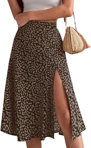 Ditsy Floral Boho Skirt for Women with Slit Summer High Waisted Flowy Midi Skirt Casual A-Line Split Beach Skirt