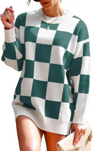Dokotoo Womens Sweater Dress Crewneck Casual Checkered Long Sleeve Cable Knit Pullover Sweaters