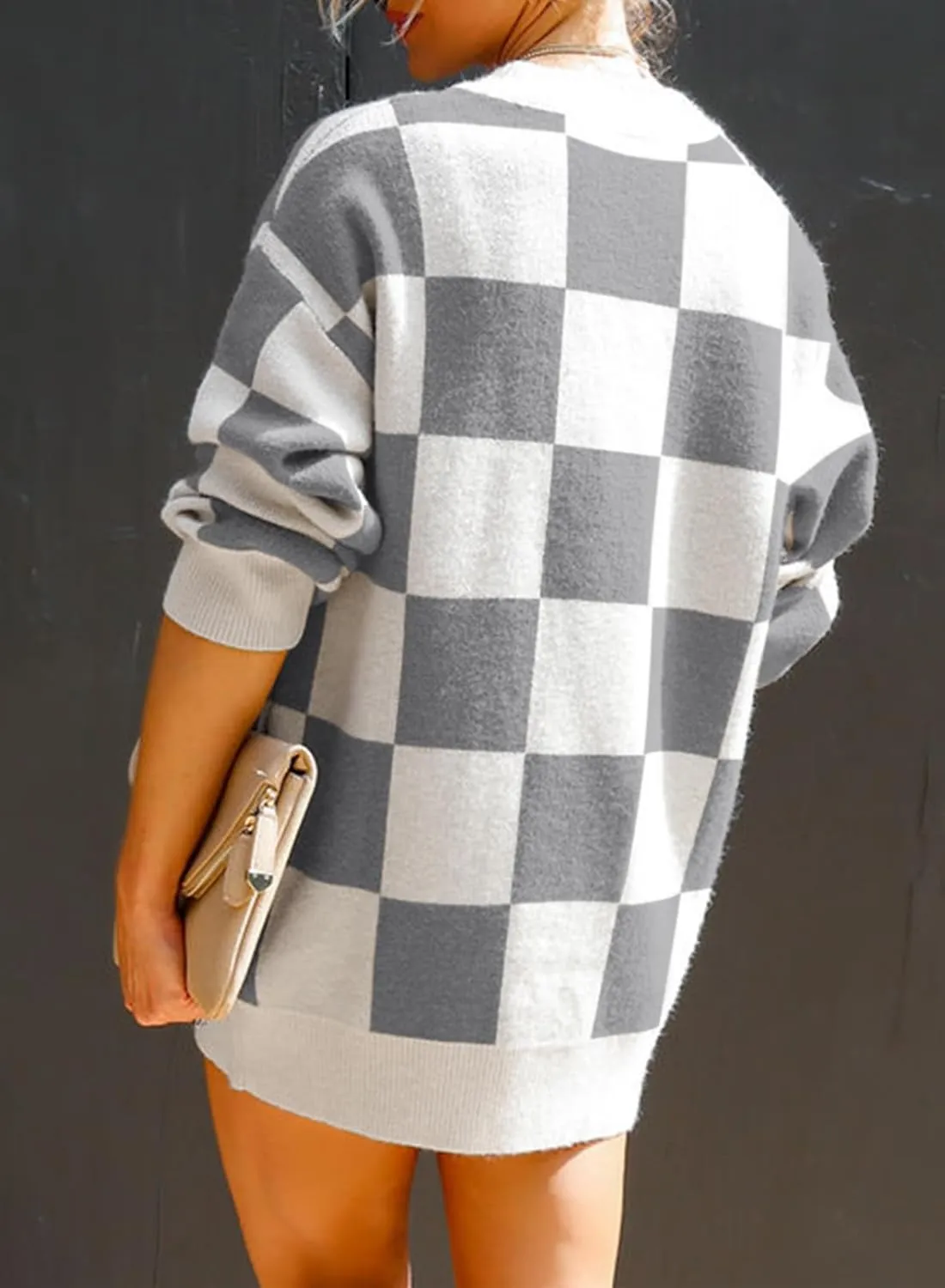 Dokotoo Womens Sweater Dress Crewneck Casual Checkered Long Sleeve Cable Knit Pullover Sweaters