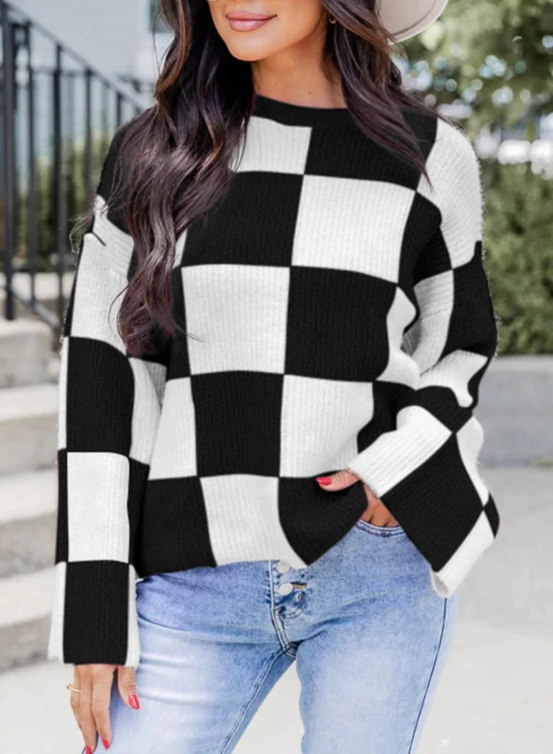Dokotoo Womens Sweaters Crewneck Checkered Bell Sleeve Sweater Knit Pullover Tops