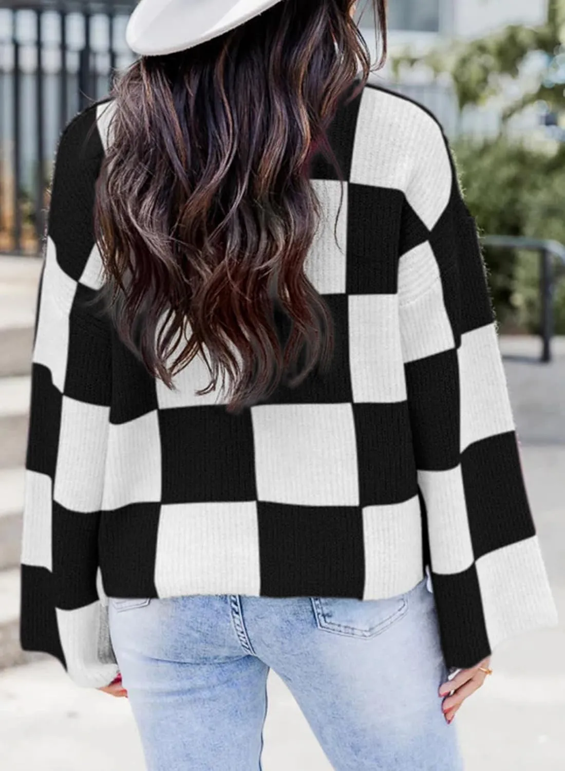 Dokotoo Womens Sweaters Crewneck Checkered Bell Sleeve Sweater Knit Pullover Tops