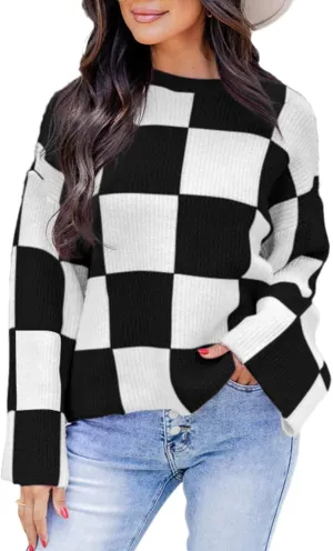 Dokotoo Womens Sweaters Crewneck Checkered Bell Sleeve Sweater Knit Pullover Tops