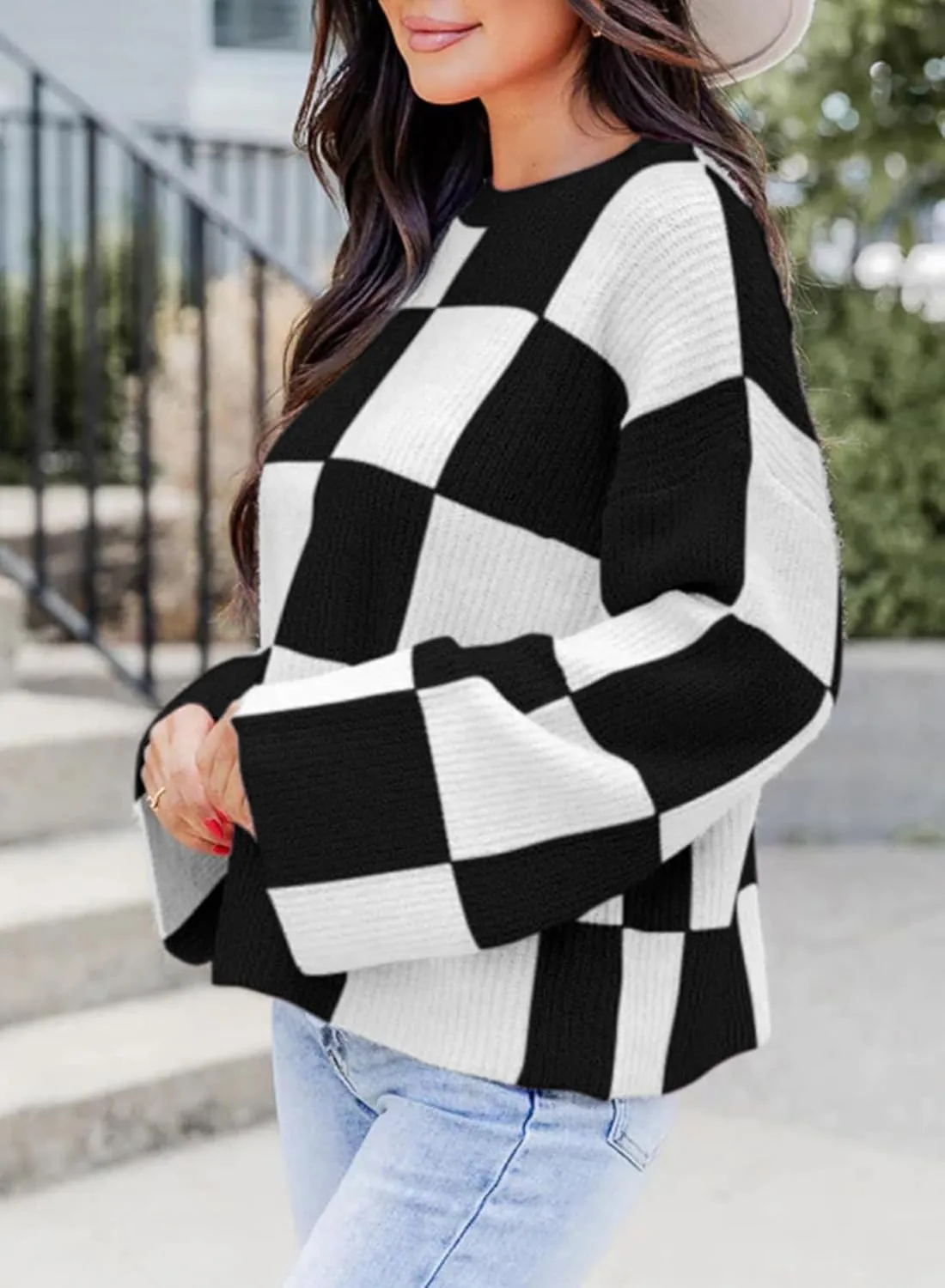 Dokotoo Womens Sweaters Crewneck Checkered Bell Sleeve Sweater Knit Pullover Tops
