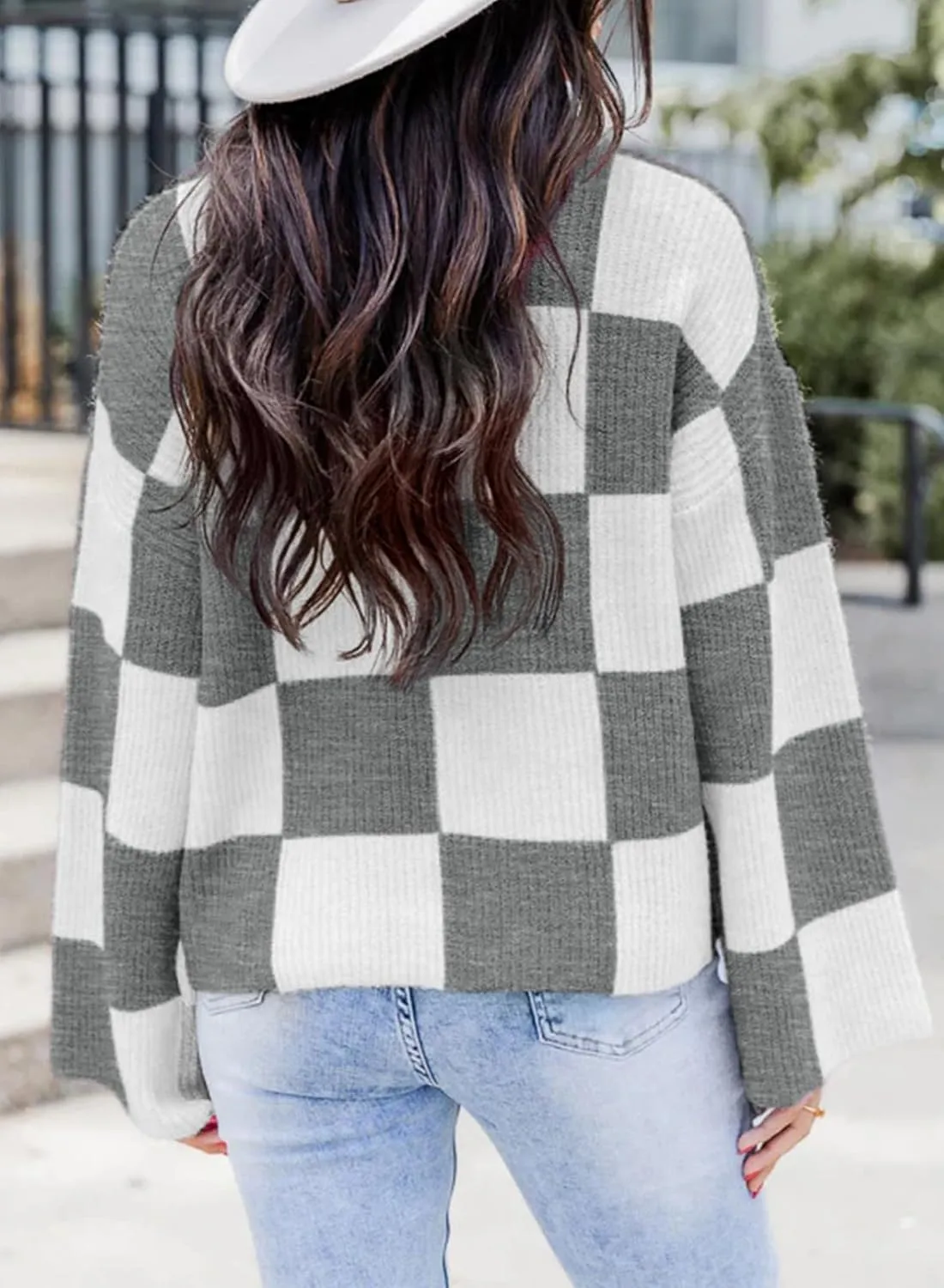 Dokotoo Womens Sweaters Crewneck Checkered Bell Sleeve Sweater Knit Pullover Tops
