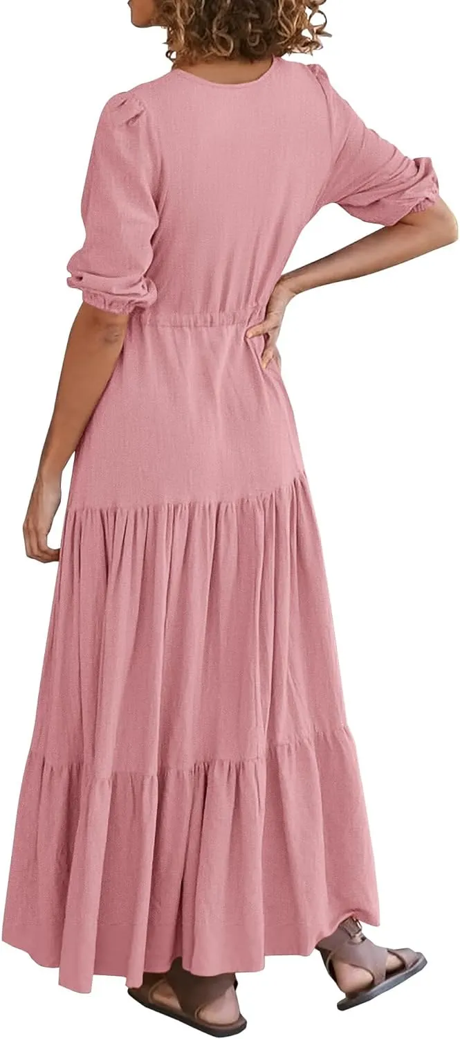 Dresses for Women Summer Short Sleeve V Neck Flowy Swing Maxi Dress Side Split Flutter Drawstring Waist Dresses