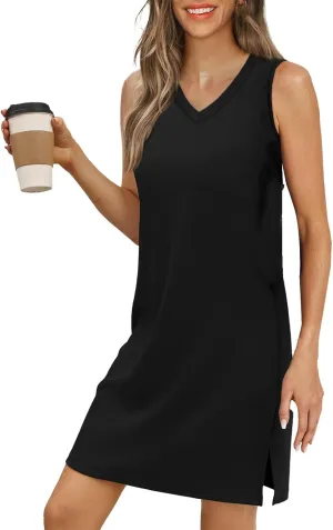 Dresses for Women Summer Sleeveless V Neck Sundresses Solid Color Casual Mini Dress Side Split Tank Dresses 2025