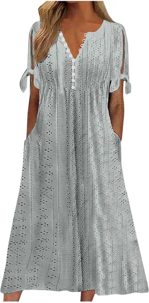 Eyelet Dress for Women Summer Wedding Guest Dresses Short Sleeve V Neck T Shirt Dress Plus Size A Line Maxi Sundress