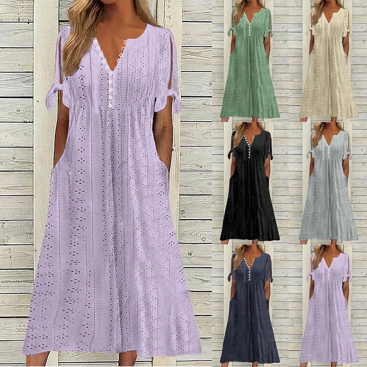 Eyelet Dress for Women Summer Wedding Guest Dresses Short Sleeve V Neck T Shirt Dress Plus Size A Line Maxi Sundress
