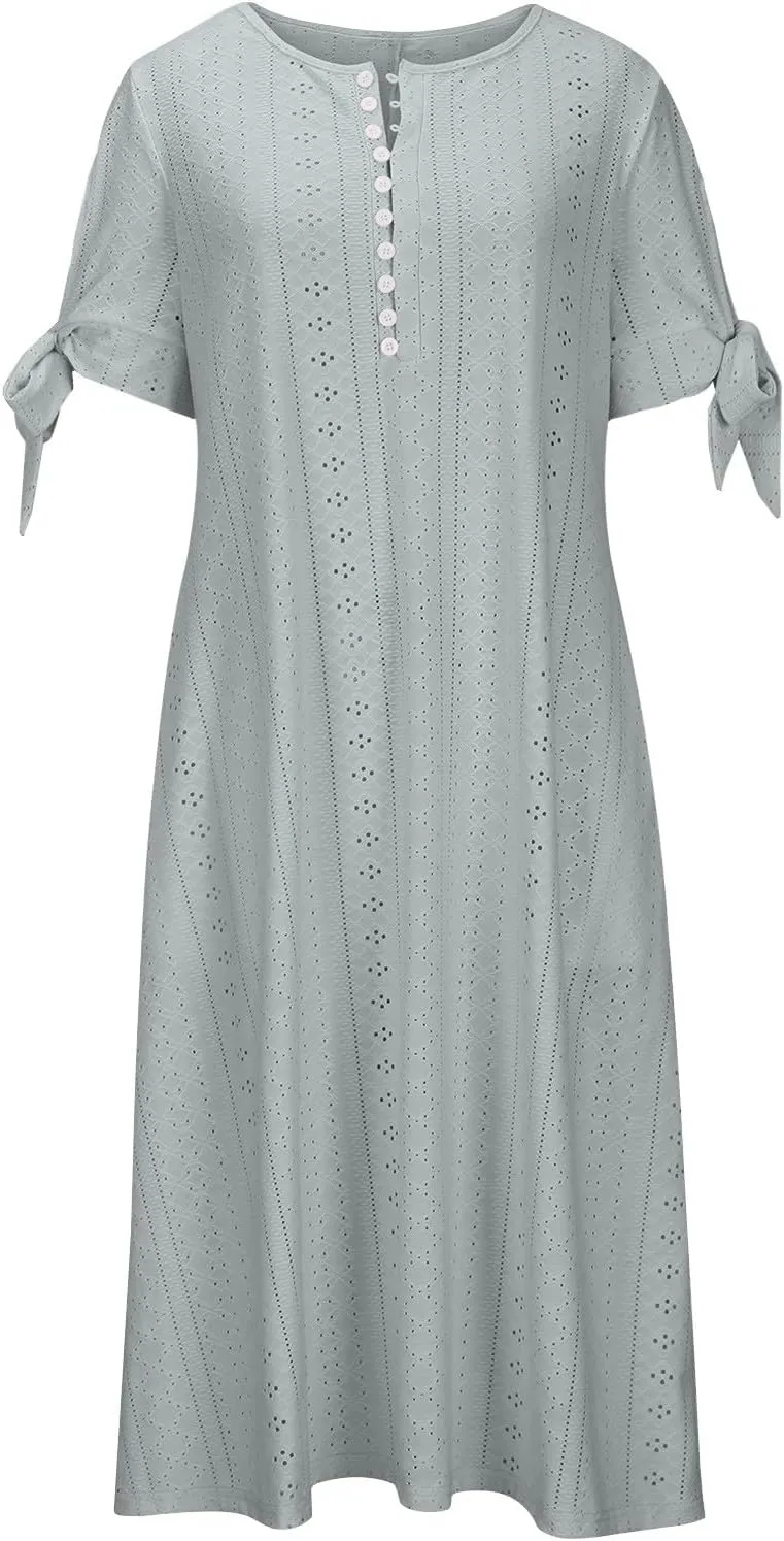 Eyelet Dress for Women Summer Wedding Guest Dresses Short Sleeve V Neck T Shirt Dress Plus Size A Line Maxi Sundress