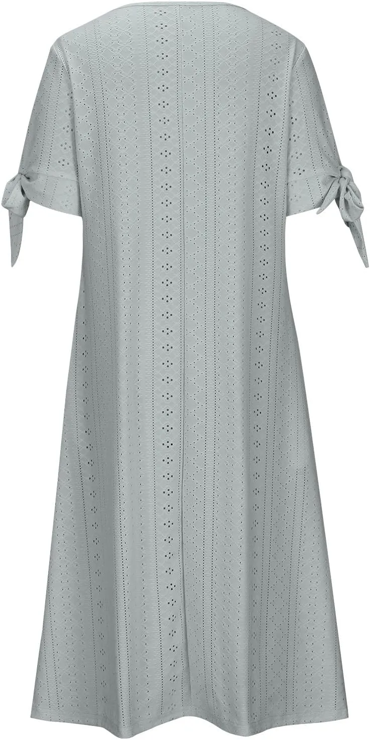 Eyelet Dress for Women Summer Wedding Guest Dresses Short Sleeve V Neck T Shirt Dress Plus Size A Line Maxi Sundress
