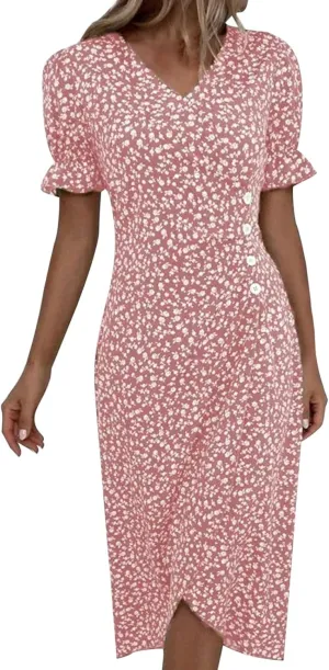 Floral Dress for Women 2025 Summer Boho Puff Short Sleeve V Neck Knee Length Wrap Dress Cute Petite Cruise Outfits