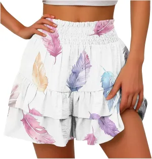Flowy Shorts for Women Summer Boho Floral Print Ruffle Mini Skirts Comfy Baggy High Waisted Tennis Running Shorts
