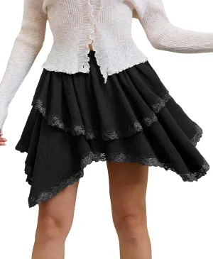 Flowy Skirts for Women Summer Ruffled Pleated Mini Skirts High Low Lace Hem Tiered Skater Skirt Casual Cute Y2k Skorts