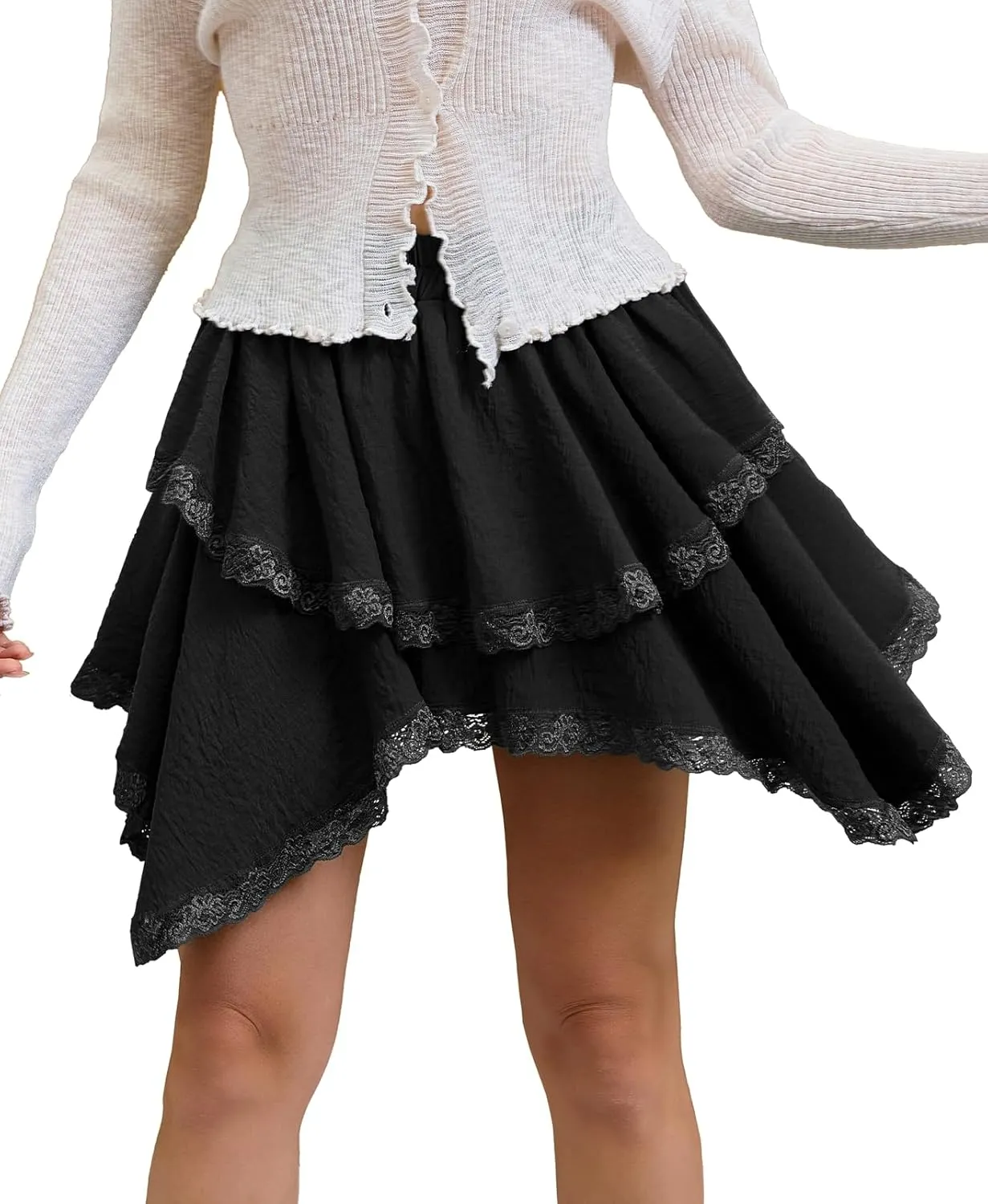Flowy Skirts for Women Summer Ruffled Pleated Mini Skirts High Low Lace Hem Tiered Skater Skirt Casual Cute Y2k Skorts