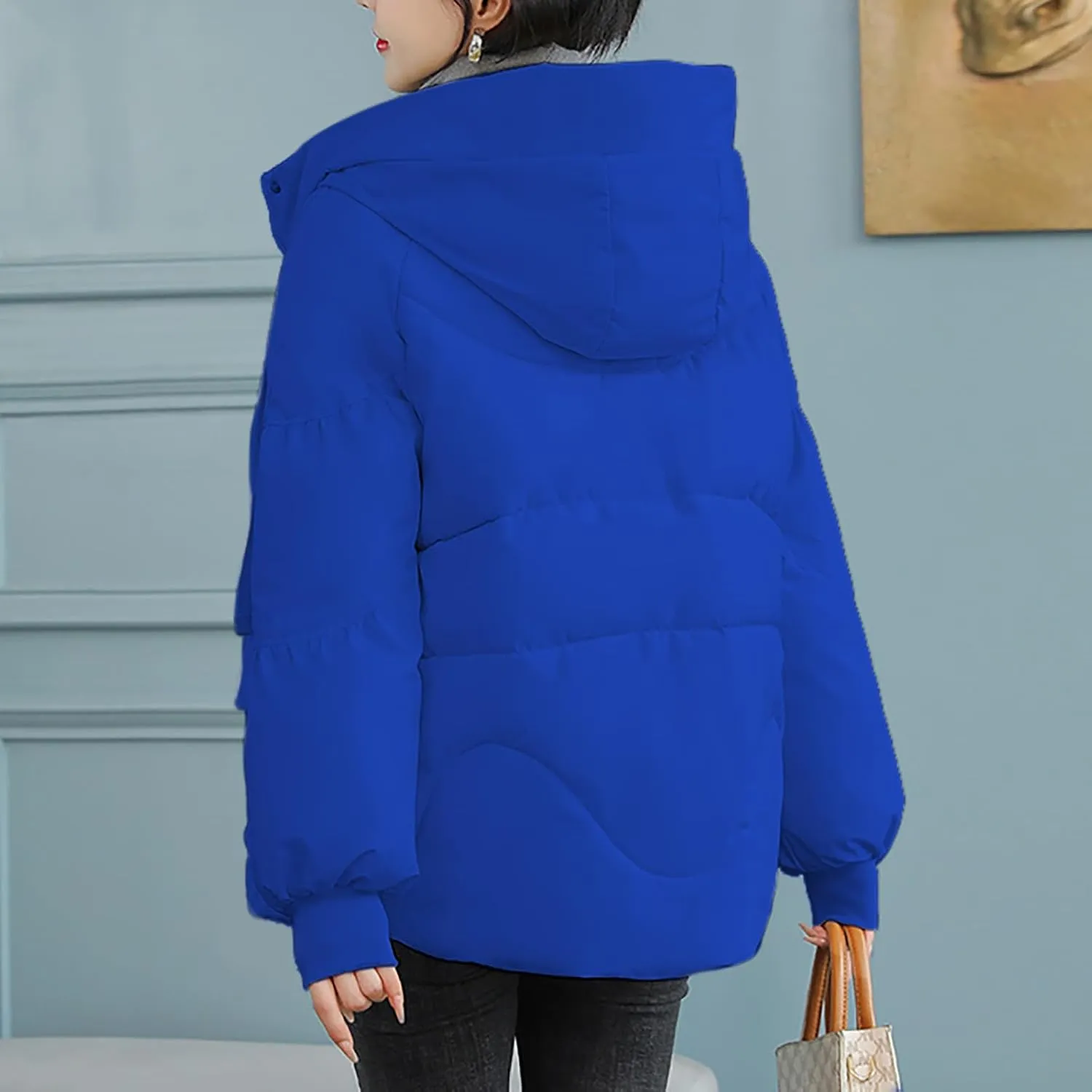 Full Zip Puffer Jacket for Women Long Sleeve Down Outwear with Pockets Trendy 2024 Winter Down Drawstring Coat