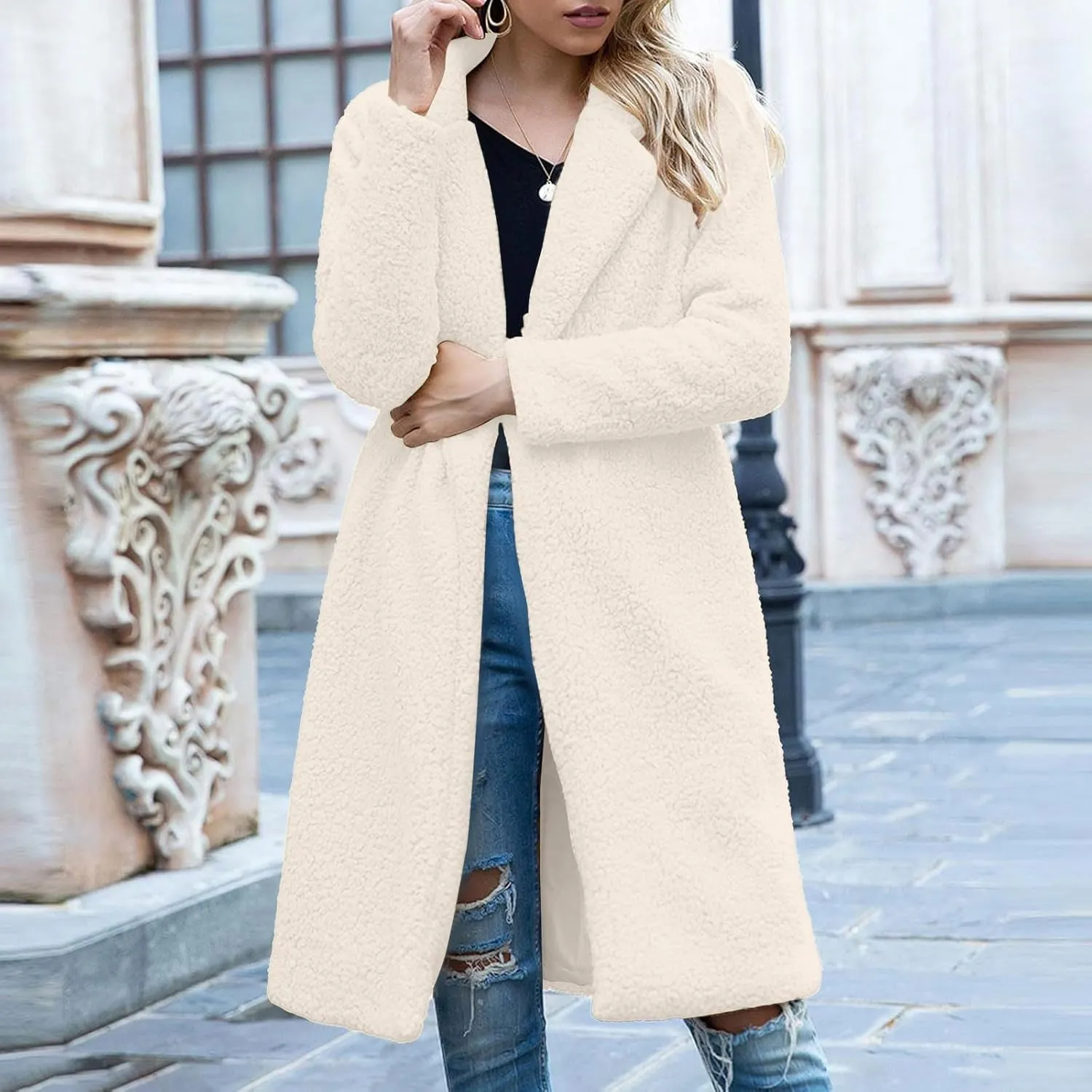 Fuzzy Fleece Jackets for Women Fashion Long Sleeve Lapel Button Long Coat Faux Fur Warm Winter Outwear Plus Size