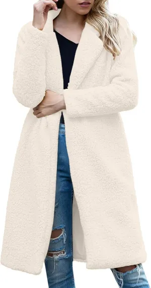 Fuzzy Fleece Jackets for Women Fashion Long Sleeve Lapel Button Long Coat Faux Fur Warm Winter Outwear Plus Size
