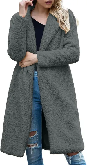 Fuzzy Fleece Jackets for Women Fashion Long Sleeve Lapel Button Long Coat Faux Fur Warm Winter Outwear Plus Size