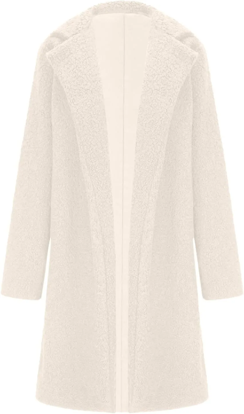 Fuzzy Fleece Jackets for Women Fashion Long Sleeve Lapel Button Long Coat Faux Fur Warm Winter Outwear Plus Size