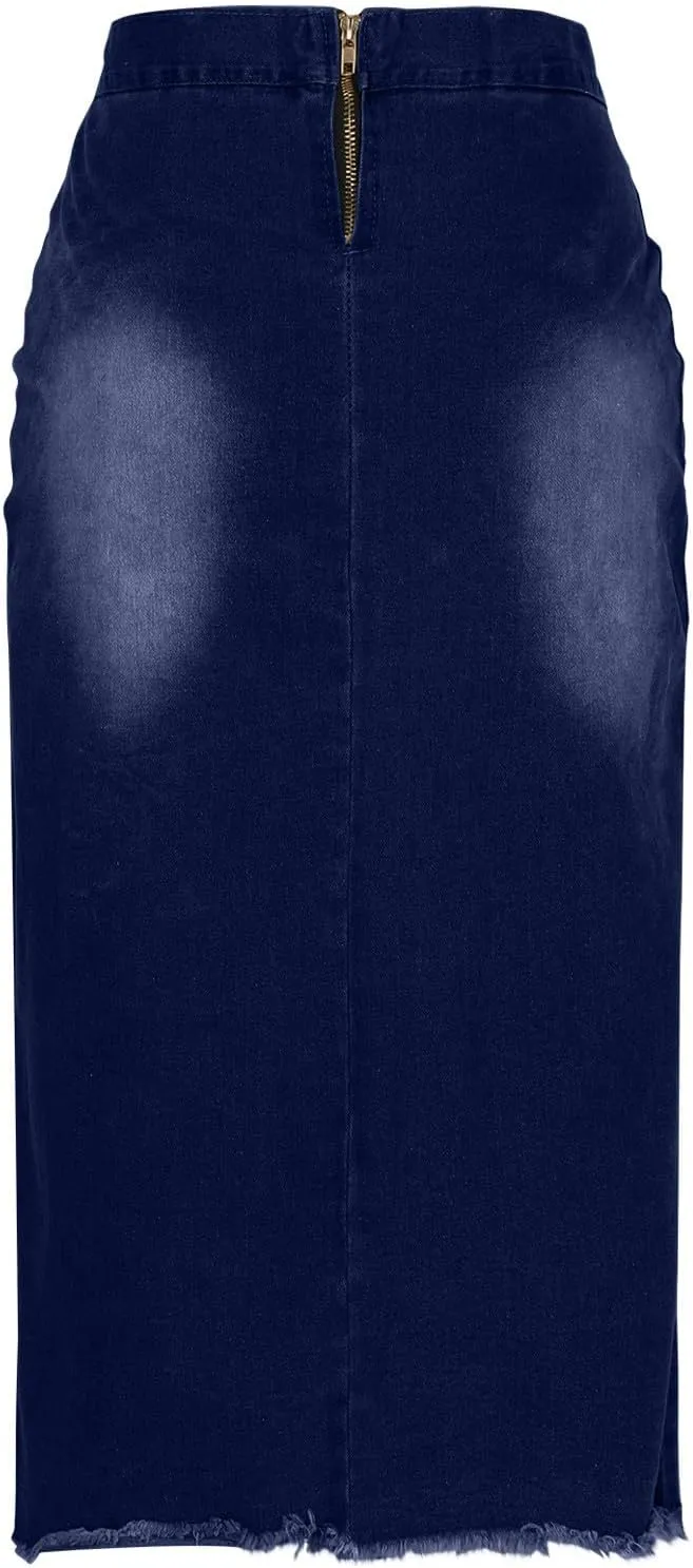 FZYLQY Trendy Slit Skirt Denim Skirts Women's Laceup Slit Front Bodycon Jean Skirts Stretchy Slim Fit Jean Long Pencil Skirt