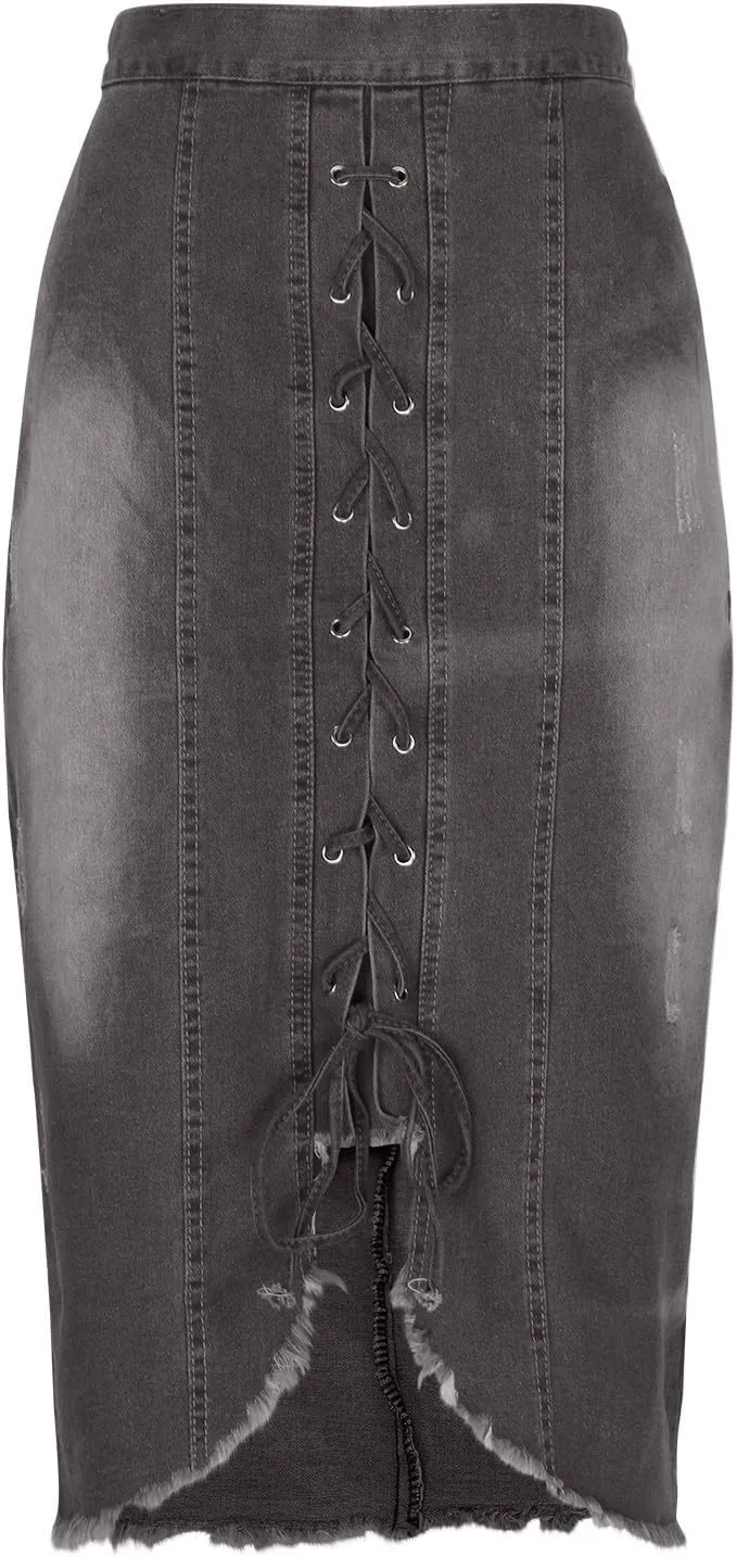 FZYLQY Trendy Slit Skirt Denim Skirts Women's Laceup Slit Front Bodycon Jean Skirts Stretchy Slim Fit Jean Long Pencil Skirt