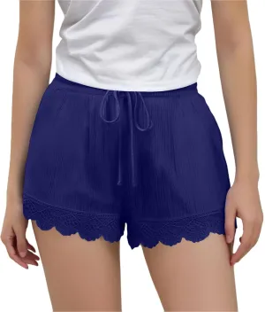 Girls Cotton Linen Shorts Cute Lace Trim Comfy Summer Elastic High Waist Yoga Dance Shorts for Kids 4-14 Years