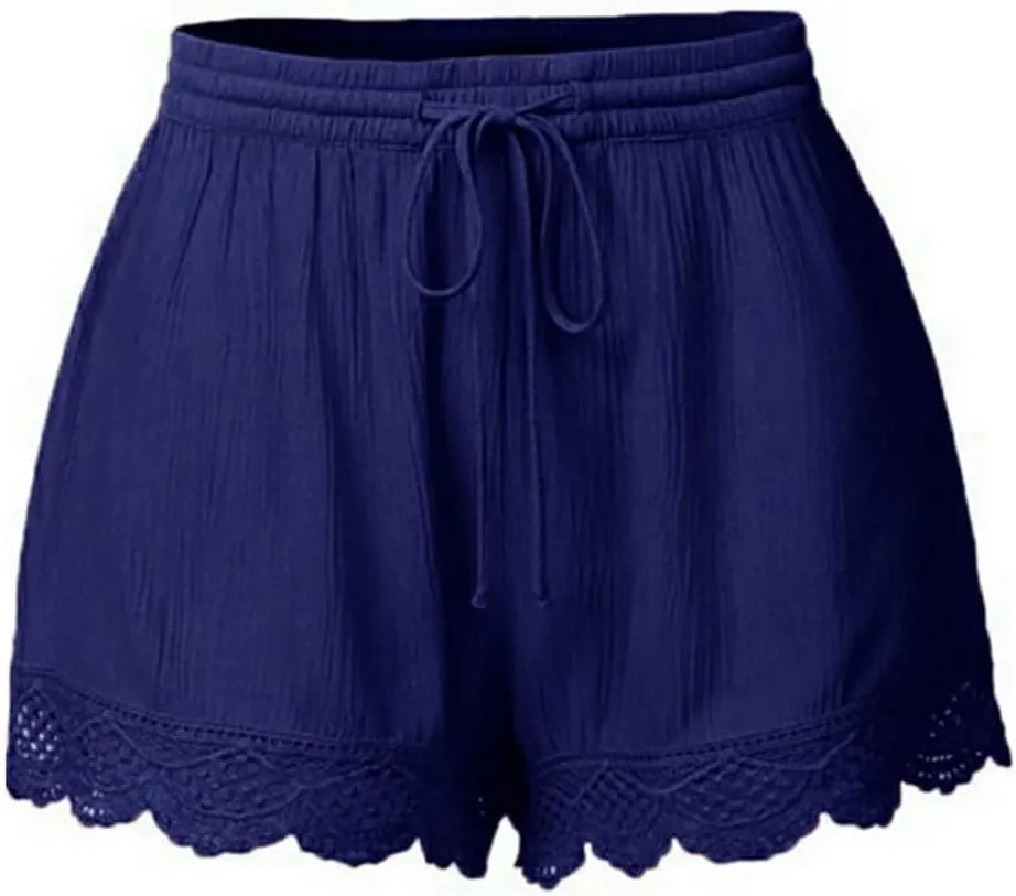Girls Cotton Linen Shorts Cute Lace Trim Comfy Summer Elastic High Waist Yoga Dance Shorts for Kids 4-14 Years