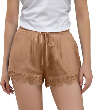 Girls Cotton Linen Shorts Cute Lace Trim Comfy Summer Elastic High Waist Yoga Dance Shorts for Kids 4-14 Years