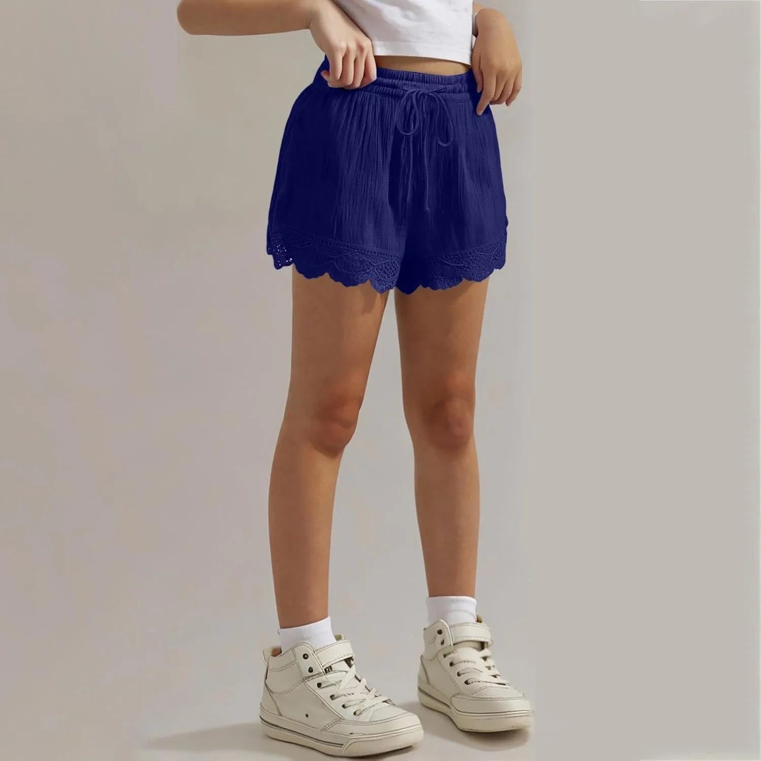 Girls Cotton Linen Shorts Cute Lace Trim Comfy Summer Elastic High Waist Yoga Dance Shorts for Kids 4-14 Years