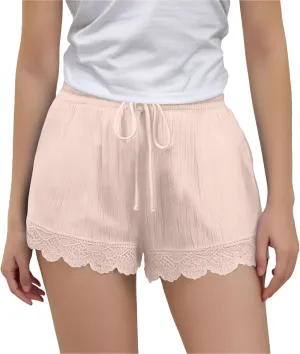 Girls Cotton Linen Shorts Cute Lace Trim Comfy Summer Elastic High Waist Yoga Dance Shorts for Kids 4-14 Years