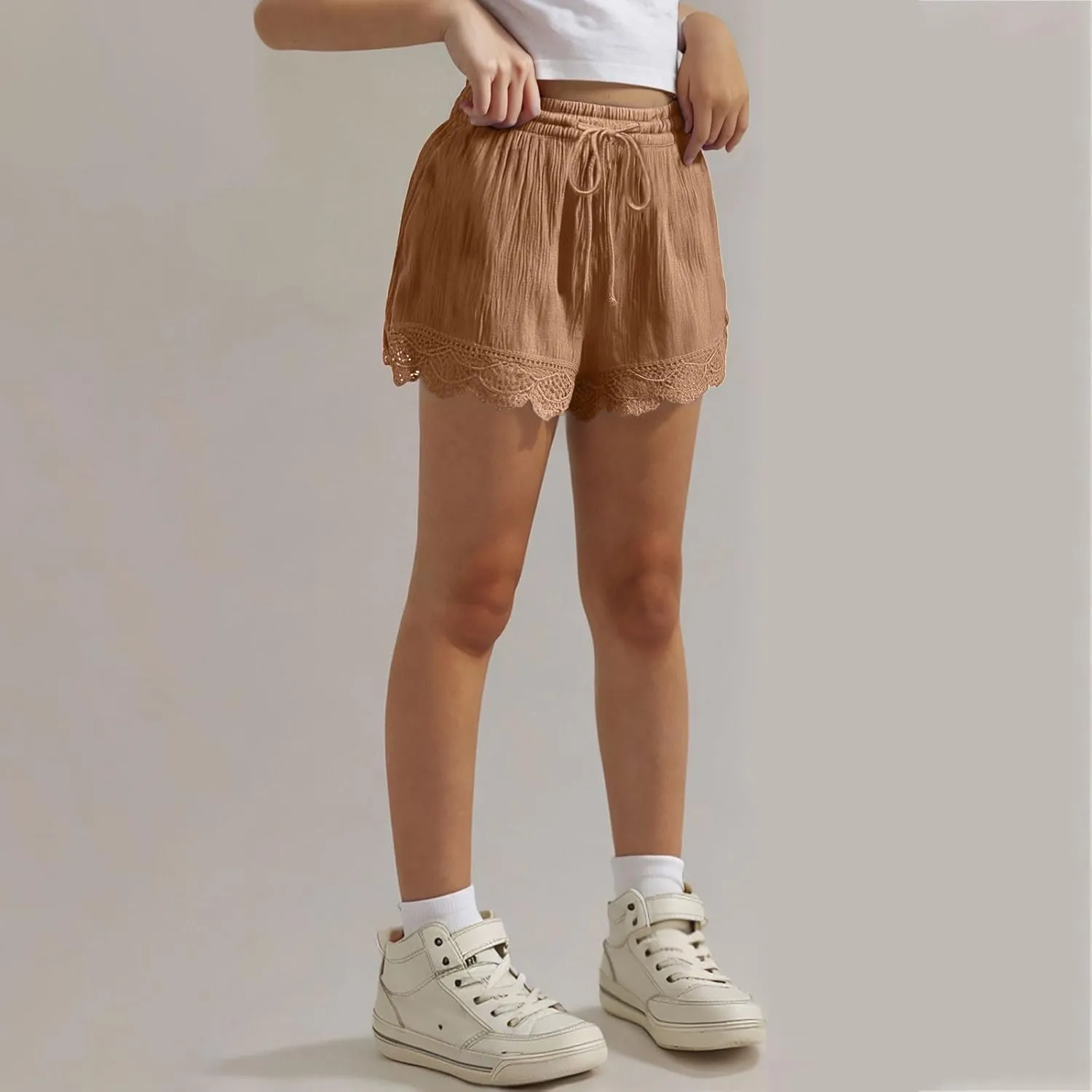 Girls Cotton Linen Shorts Cute Lace Trim Comfy Summer Elastic High Waist Yoga Dance Shorts for Kids 4-14 Years