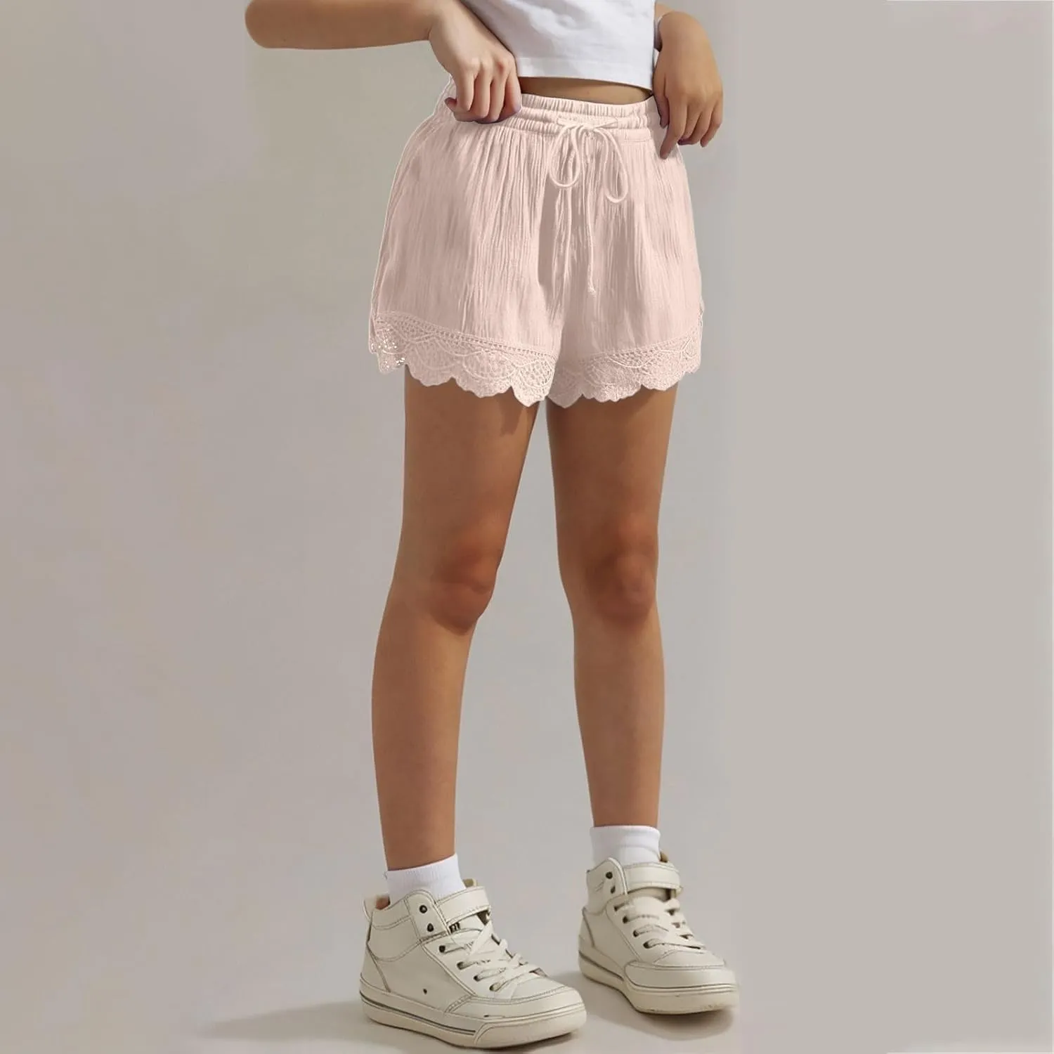 Girls Cotton Linen Shorts Cute Lace Trim Comfy Summer Elastic High Waist Yoga Dance Shorts for Kids 4-14 Years