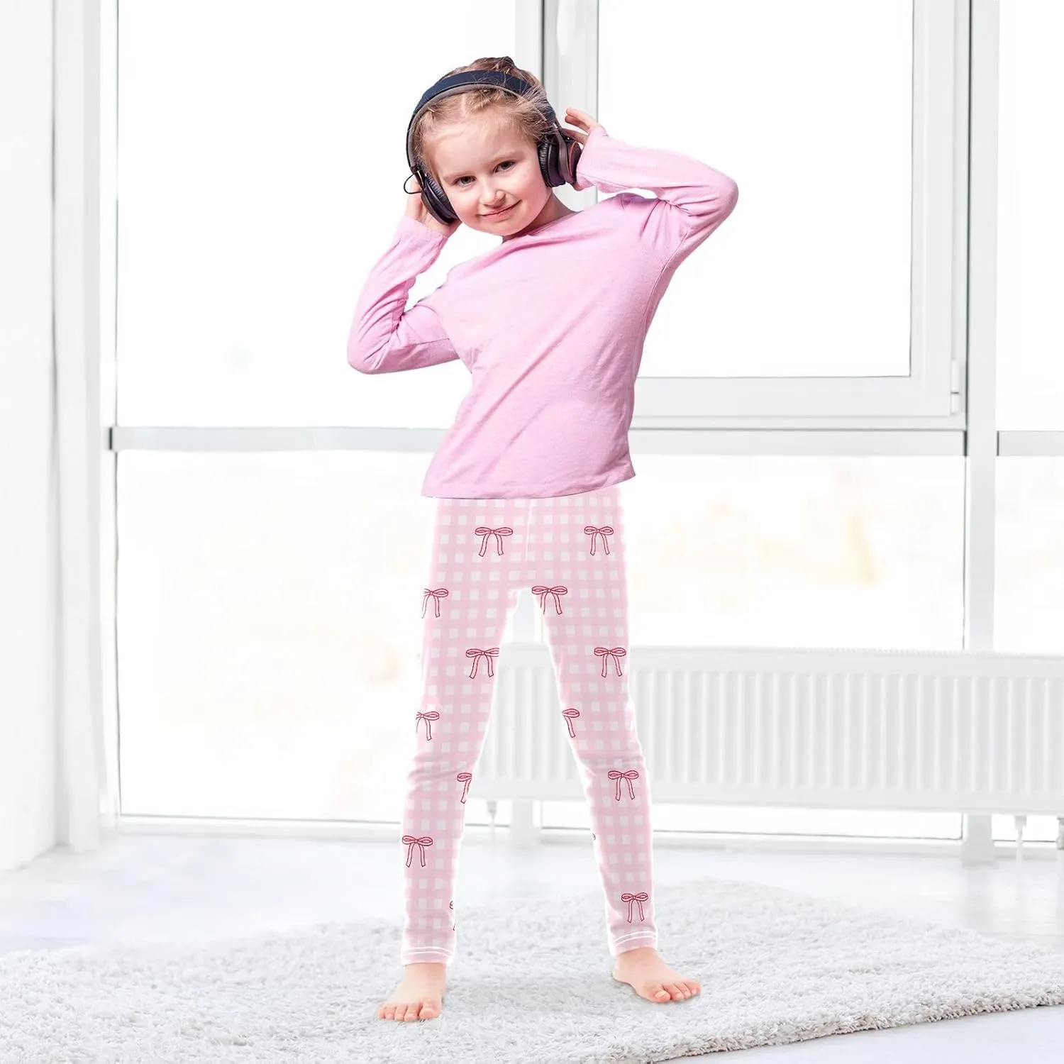 Girls Leggings Bow Pink Checkered Soft Toddler Leggings for Girls Kids Pants Size 4T-10T
