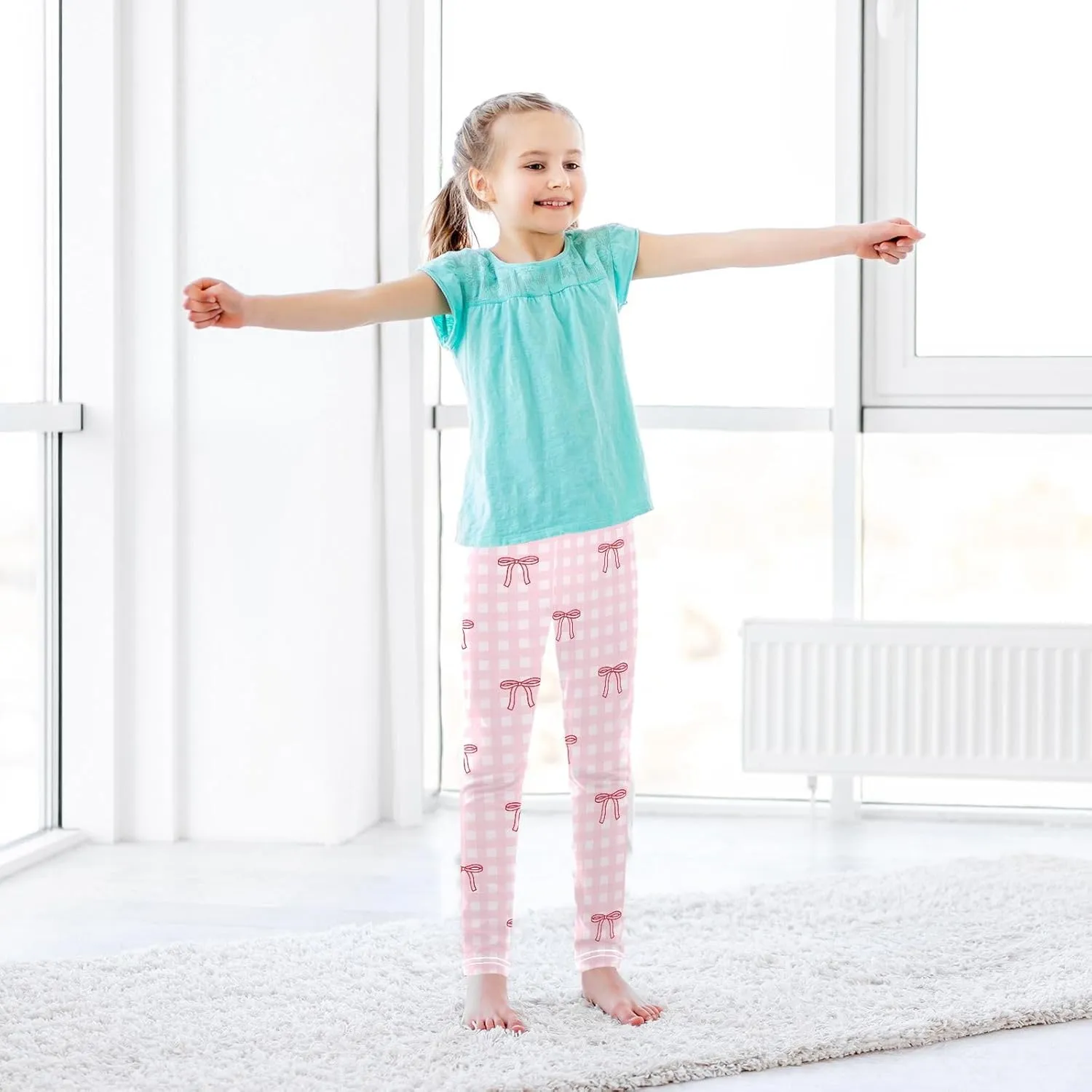 Girls Leggings Bow Pink Checkered Soft Toddler Leggings for Girls Kids Pants Size 4T-10T